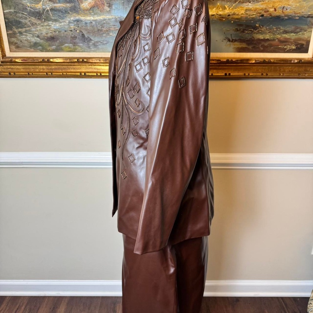 Vintage Brown Faux Leather Beaded Skirt Suit Set Size 18 - Picture 4 of 7